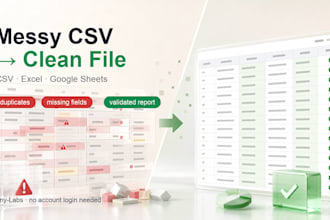 clean and validate messy CSV excel or google sheets files