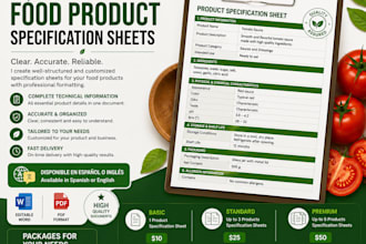 design food product specification sheets