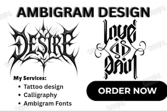 design ambigram logo, reversible lettering, tattoo word art and ink calligraphy