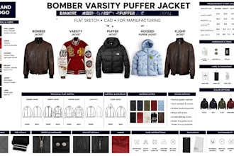 design bomber puffer varsity jacket tech pack clo3d flat sketch for manufacturin