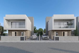 modernize community building layout, duplex exterior rendering, 3d facade design
