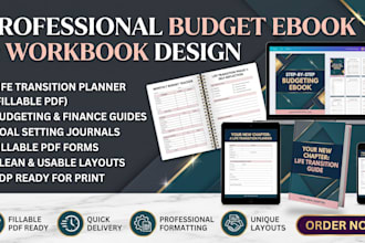 create budget ebook workbook design, life transition planner fillable pdf format