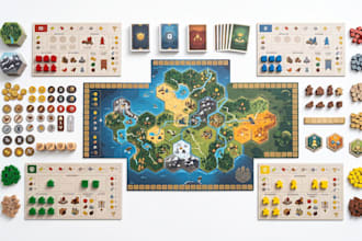 design board game, board game cards, game board and game art, and rulebook