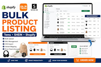 do temu shein shopify bulk products upload seo listing tiltle description skus
