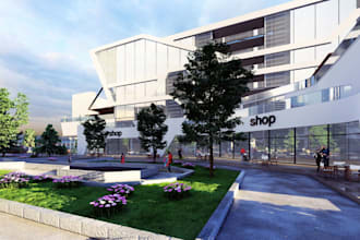 design realistic 3d mixed use building, commercial and residential buildings