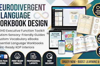 create neurodivergent workbook, adhd, vocabulary ebook, language workbook design