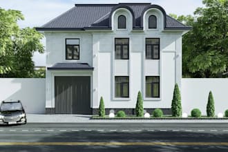 create modern 3d house exterior, front elevation, farmhouse and facade design