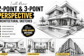 draw clean 2 point 3 point architectural perspective sketches