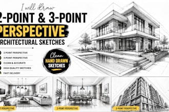 draw clean 2 point 3 point architectural perspective sketches