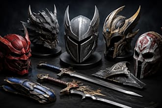 create 3d cosplay helmet, sword, armor, mask and stl prop model