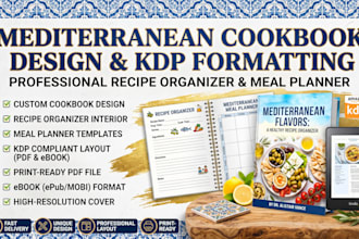 create mediterranean cookbook design, recipe organizer notebook, kdp formatting