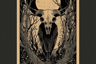 draw detailed dark art with concept, woodcut or linocut style