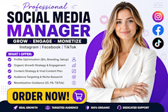 grow and manage facebook page, instagram organically and tiktok monetization