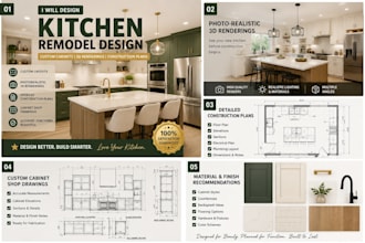 design kitchen remodel with custom cabinets, 3d renderings constructions plans