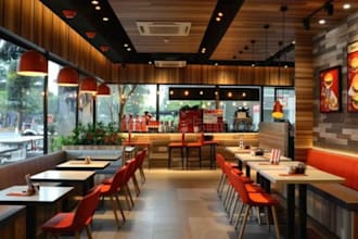 do 3d rendering for restaurant, pizza, cafe and wine bar