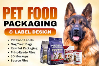 design a professional pet food label dog treat bag and pet product packaging