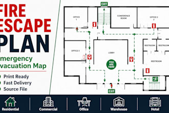 design fire escape plan, emergency evacuation map and fire safety plan