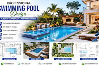 create swimming pool design, autocad drawings and 3d rendering