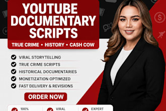 write youtube documentary script, true crime script, history and cash cow script