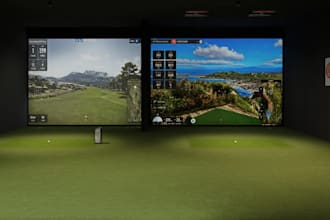 reupholster 3d indoor golf simulator,furniture layout,interior design,bar render