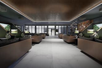 reupholster 3d indoor golf simulator,furniture layout,interior design,bar render