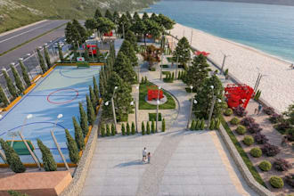 visualize 3d waterfront beaches, sports court, landscaped walking paths render