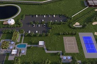 cgi rv park visualization, glamping resort,campground layout render, padel court