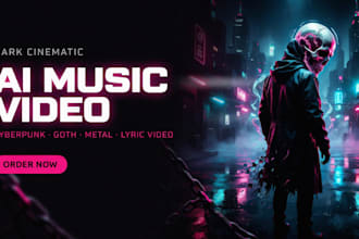 create dark cinematic ai music video, cyberpunk, goth, metal and lyric video