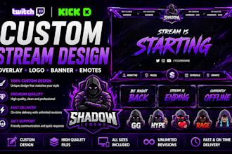 design custom twitch and kick stream overlay, logo, banner and emotes