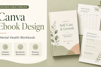 design canva ebook, mental health workbook, worksheet template and ebook mockup