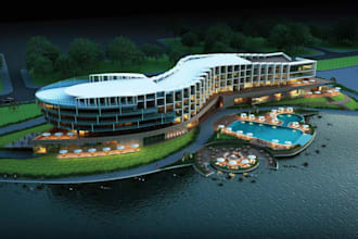 hotel facade, lobby, resort pool 3d modeling and hospitality exterior rendering