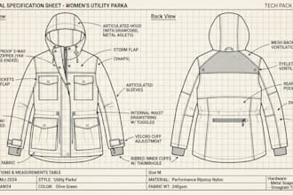 design fashion apparel, clothing tech pack, technical sketch