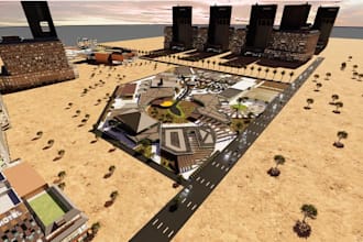 render 3d exterior living space, beach club, waterfront design, cgi parking  lot