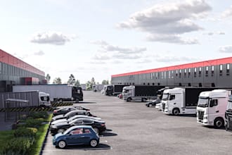 design 3d warehouse, logistics center, industrial building with realistic render