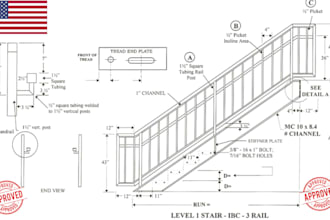 do detailed staircase and handrail shop drawings, steel or wooden staircase