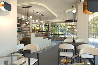 render propose cafe layout, bakery, coffee shop interior cgi visual, bistro shop