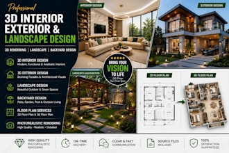 do 3d interior, exterior design, 3d rendering, landscape backyard design