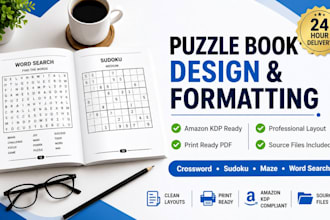 design and edit puzzle activity book, puzzle book cover, interior for amazon kdp