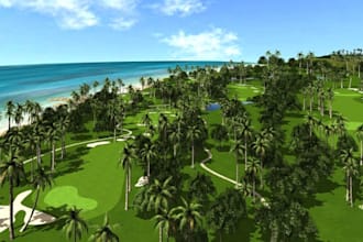 design stunning 3d golf course design, golf terrain, tee box, fairway, golf hole