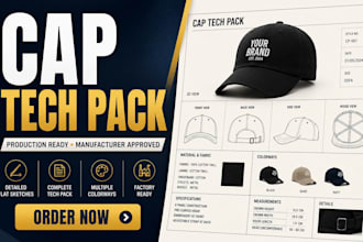 create production ready cap and hat tech pack with flat sketch and mockup