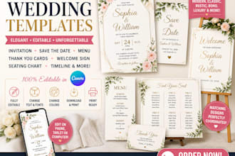 design custom wedding invitation, welcome sign and canva wedding templates