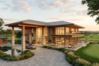 design 3d modern golf clubhouse, country club, and resort clubhouse