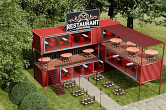 develop cgi container restaurant, pop up food court, cafe design, modular lounge