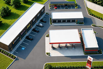 drive thru 3d gas station,site plan, fuel pump,general store, auto park,nail spa