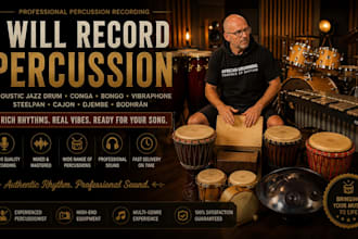 acoustic jazz drum, conga, bongo, vibraphone, steelpan, djembe and bodhran