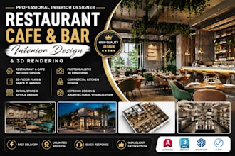 draw restaurant layouts, cafe interiors create realistic 3d rendering