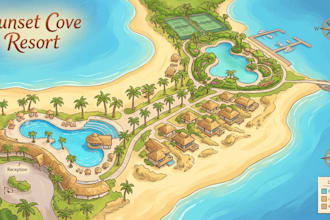 design resort map, campground map, hotel map, rv park map, and tourist map