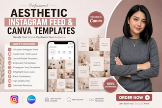 create aesthetics instagram feeds page design and editable canva template
