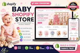 design baby clothing shopify store, kids clothing website, baby product website