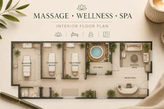 design massage room, wellness center, spa interior floor plan